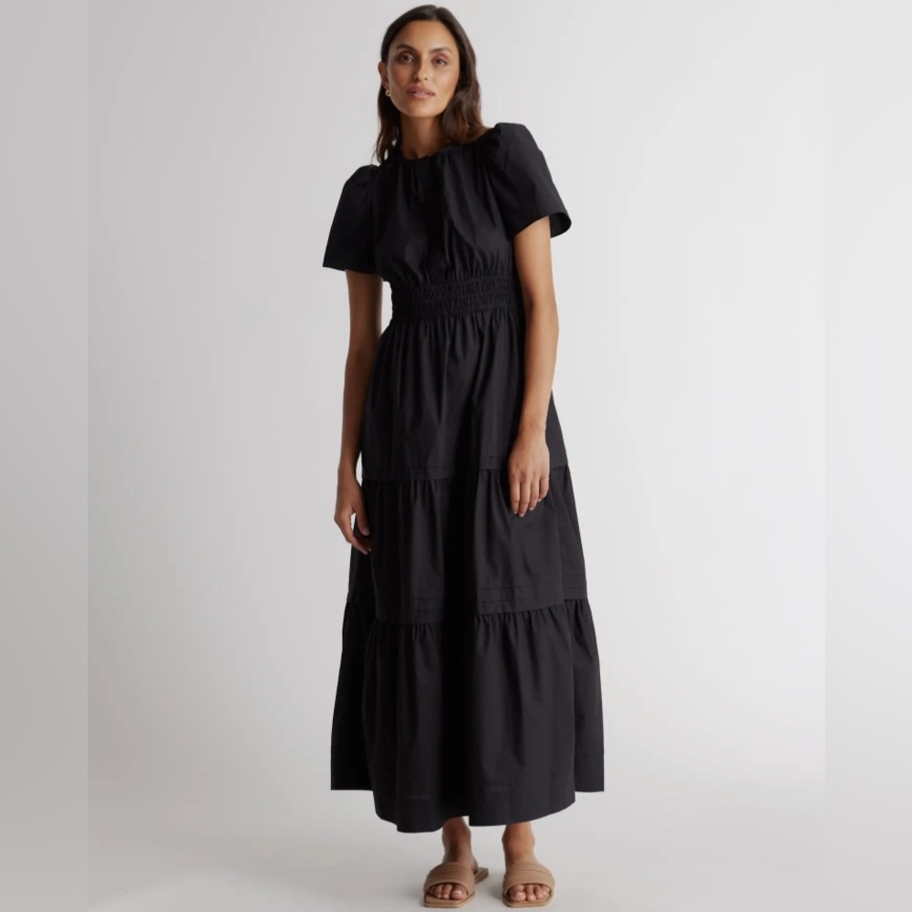 Quince Black Maxi Dress with Short Puff Sleeves